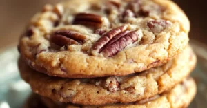 Close-up of freshly baked pecan pie cookies with golden edges and pecan toppings