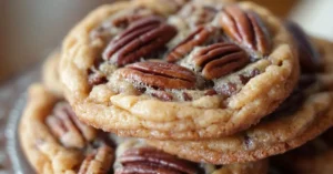 Stack of pecan pie cookies with a soft texture and pecan halves on top