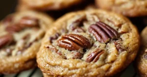 Freshly baked pecan pie cookies stacked with crispy edges and pecan toppings