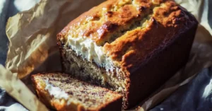 Freshly baked 4 ingredient banana bread with a golden crust and cream filling