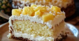 Moist Hawaiian pineapple cake with creamy frosting, pineapple chunks, and toasted coconut topping