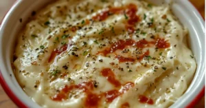 Homemade creamy garlic sauce inspired by Papa John’s, topped with herbs and seasonings