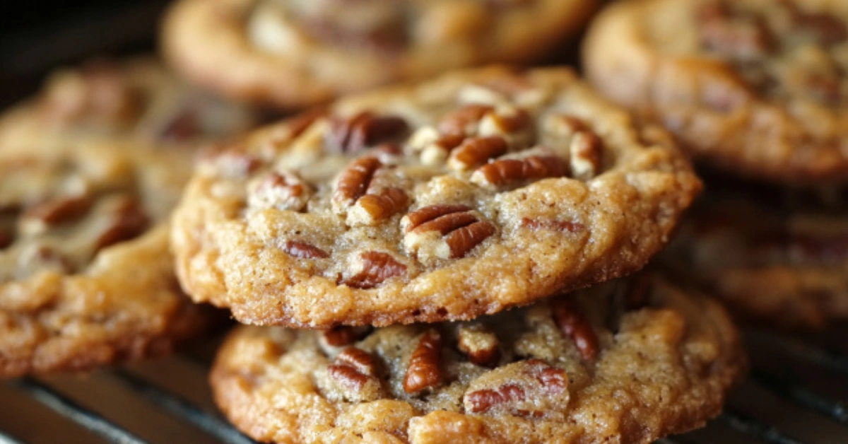 Golden pecan pie cookies with crisp edges and pecan halves on top