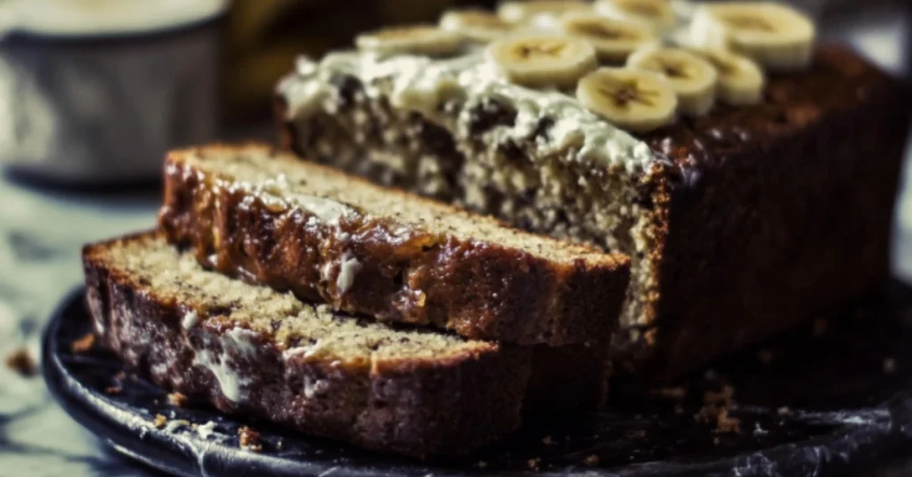 homemade 4 ingredient banana bread with soft, moist slices