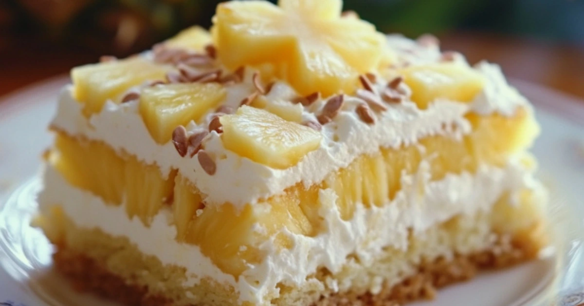 Hawaiian pineapple cake with creamy frosting, pineapple toppings, and toasted coconut flakes