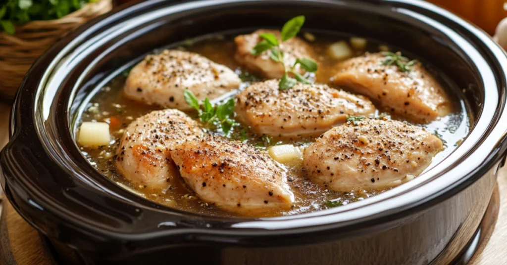 Tender frozen chicken breasts slowly cooking in a crock pot with broth and spices.