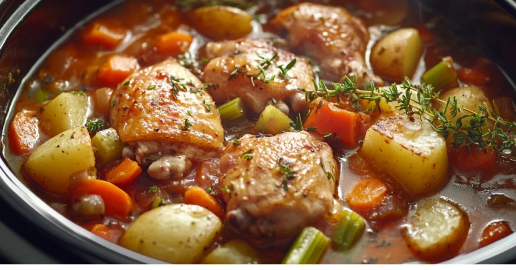 Crock pot chicken and vegetable stew with carrots, potatoes, and celery in a tomato broth