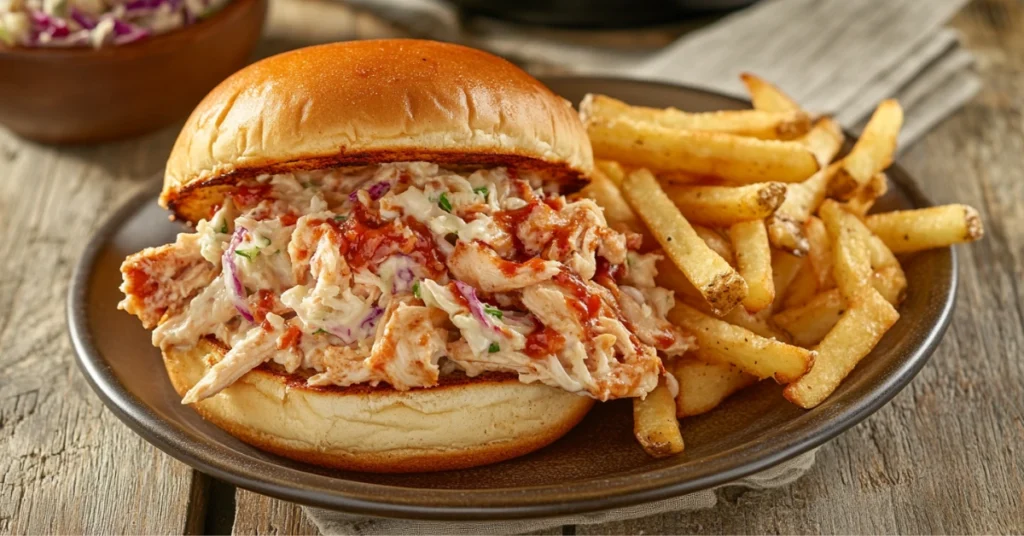 Barbecue pulled chicken sandwiches served with coleslaw and fries on a rustic table