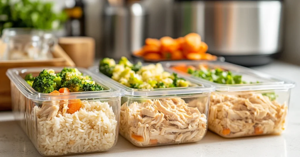 Meal prep containers filled with shredded crock pot chicken, rice, and steamed vegetables