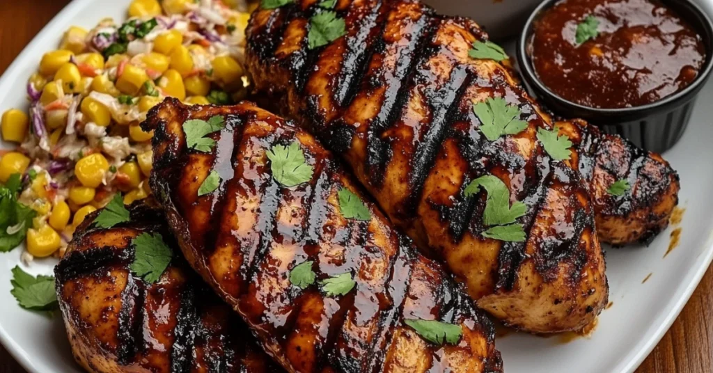 Grilled BBQ split chicken breasts garnished with fresh parsley, served with corn salad and a side of BBQ sauce.