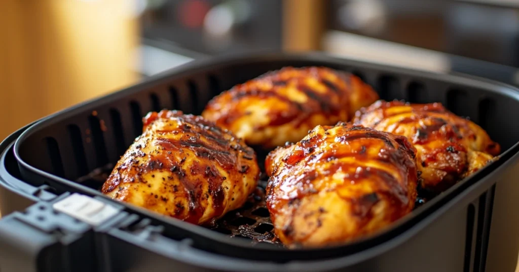 Split chicken breasts cooking in an air fryer with crispy BBQ coating