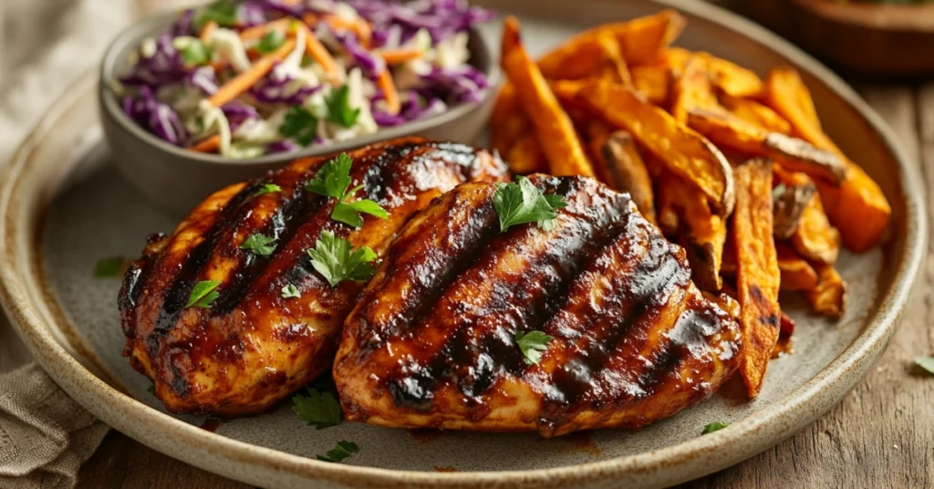 BBQ split chicken breasts served with coleslaw and sweet potato fries