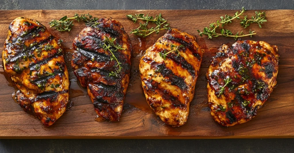 Creative BBQ split chicken breast variations on a wooden board