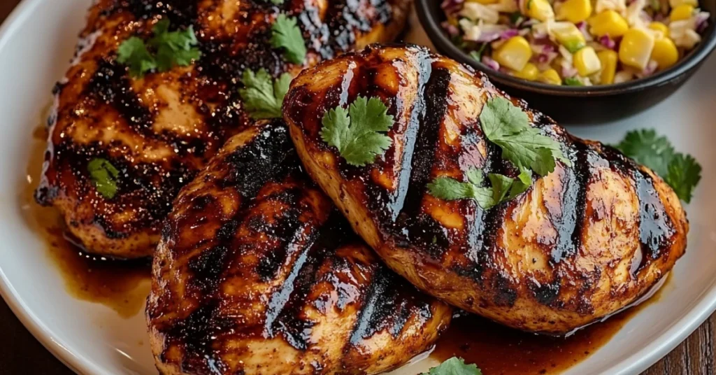 BBQ split chicken breasts with grill marks, garnished with parsley, served alongside corn salad and BBQ sauce.