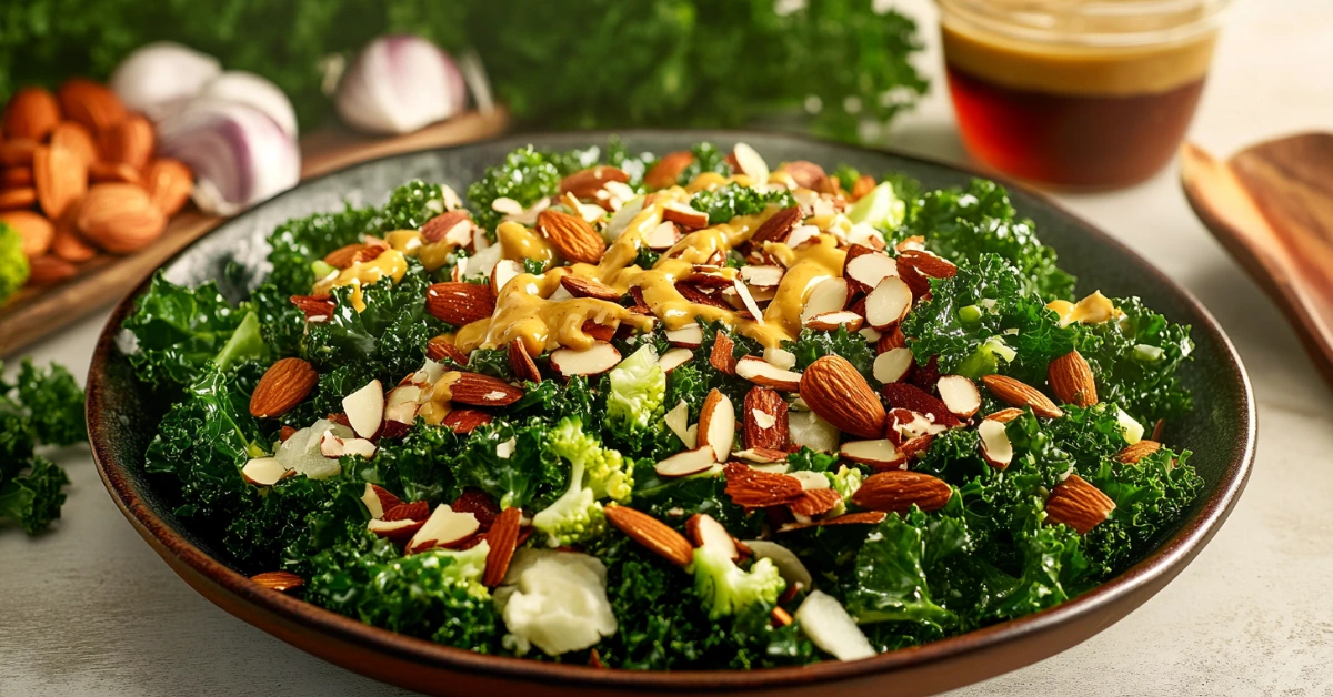 A close-up of Chick-fil-A kale salad with kale, broccolini, and almonds on a rustic table.