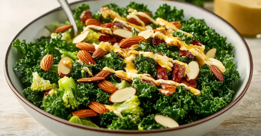 A detailed view of Chick-fil-A kale salad featuring kale, broccolini, and almonds on a rustic wooden surface.