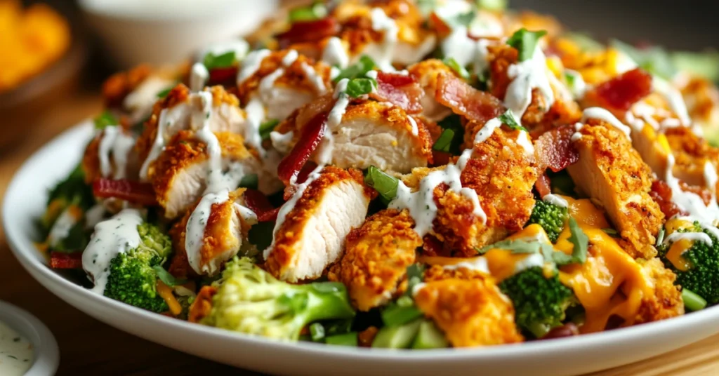 A fresh broccoli salad with chicken, bacon, cheese, and creamy dressing served in a white bowl.