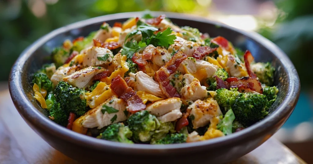 A vibrant broccoli salad with chicken, crispy bacon, shredded cheddar cheese, and creamy dressing, served in a white ceramic bowl.