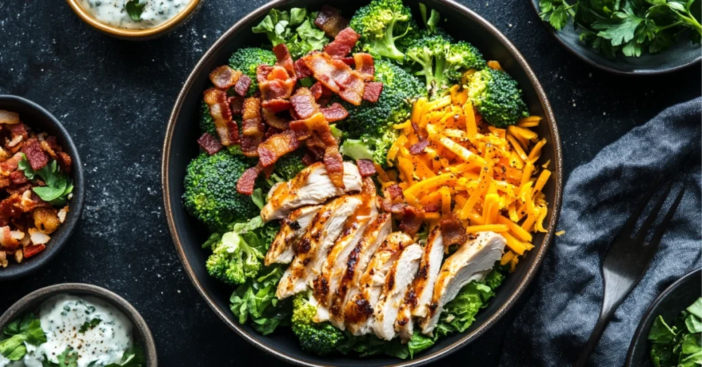 A colorful broccoli salad made with chicken, bacon, cheddar cheese, and creamy dressing, served in a white bowl.