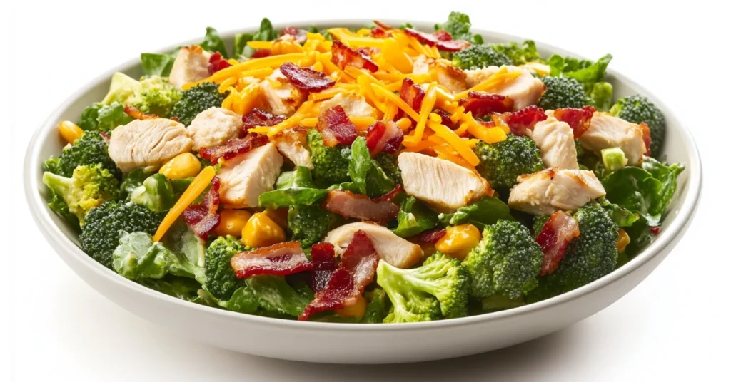  A fresh and flavorful broccoli salad with chicken, crispy bacon, cheddar cheese, and creamy dressing in a white bowl.