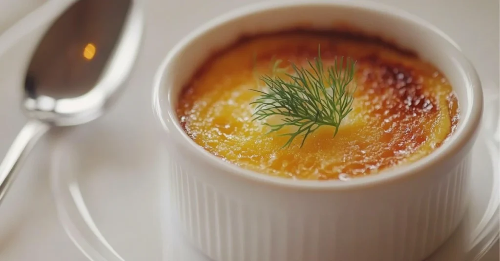 "Elegant crab brulee recipe served in a ramekin with a golden caramelized crust and delicate garnish