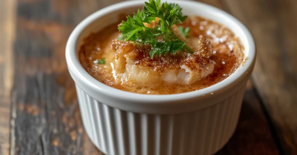 Crab Brulee Recipe - A creamy custard with a caramelized top, served in a ramekin