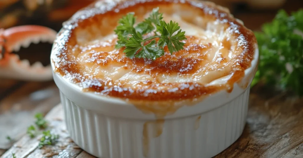 Gourmet crab brulee recipe with a golden crust and delicate herb garnish, served in a ramekin