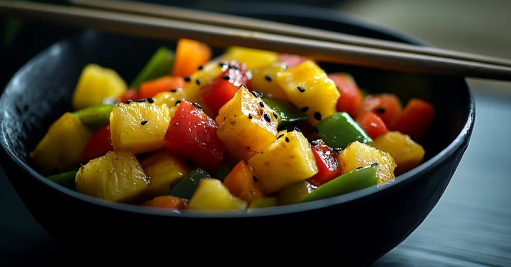 Sweet and sour kabocha stir-fry with bell peppers and pineapple