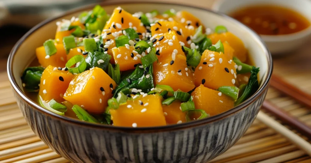 Kabocha squash and bok choy soup served in a bowl