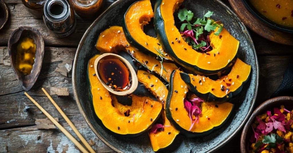 A vibrant platter featuring various Chinese-inspired vegan kabocha squash dishes