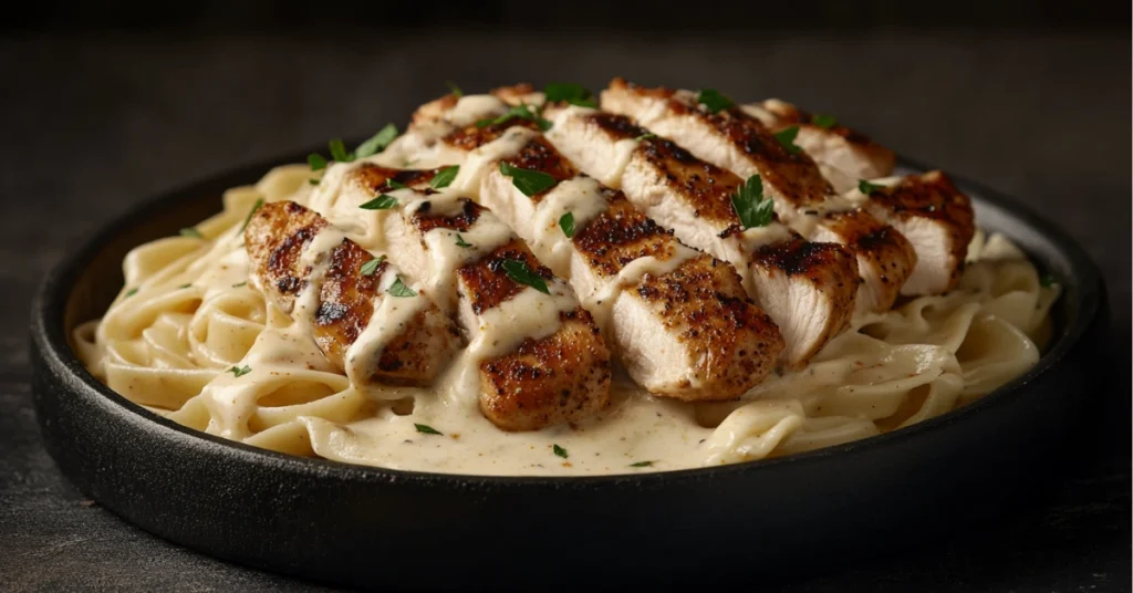 Creamy Cajun Alfredo sauce served over fettuccine pasta with grilled chicken and parsley garnish