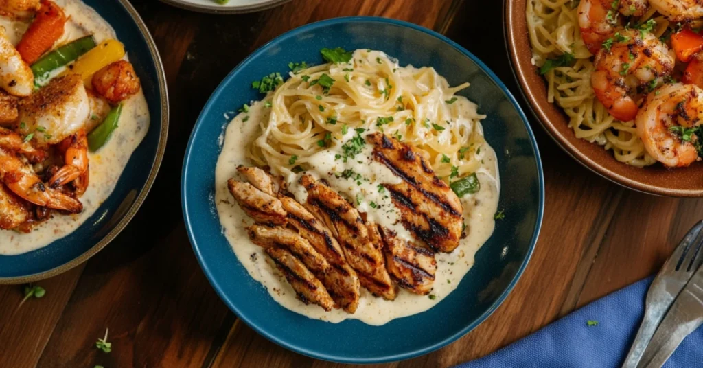 Rich and creamy Cajun Alfredo sauce over fettuccine pasta, topped with grilled chicken slices and fresh parsley