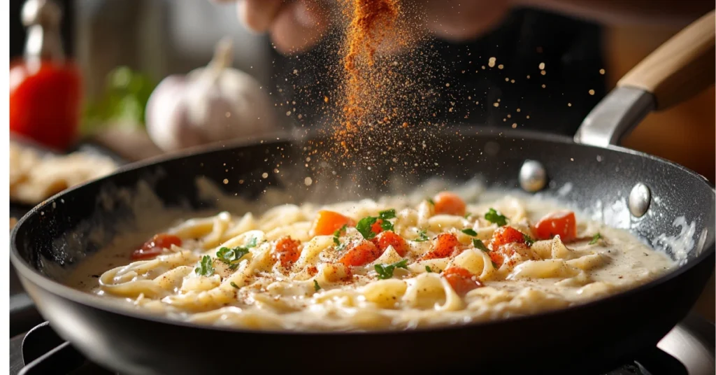 Cajun seasoning being sprinkled onto a creamy Alfredo sauce