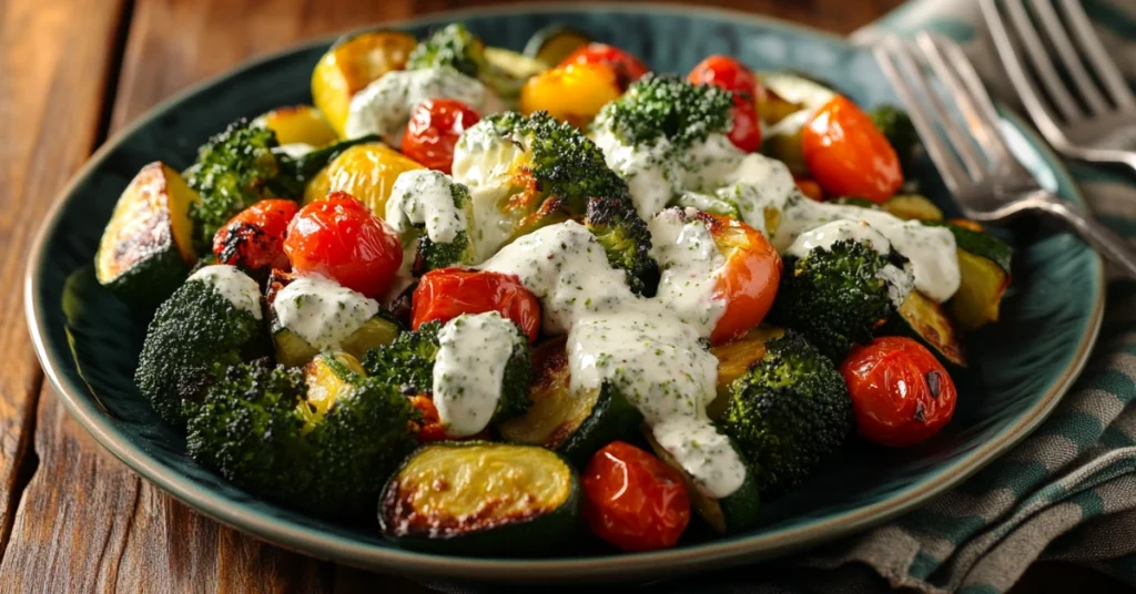 Healthy Alfredo sauce with roasted vegetables like broccoli and zucchini