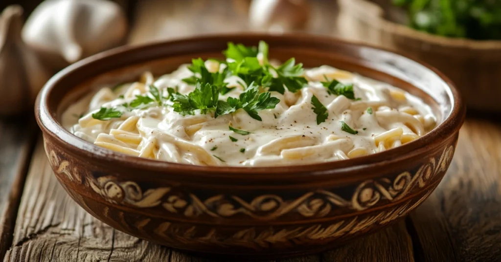 Creamy healthy Alfredo sauce drizzled on fettuccine pasta with fresh parsley garnish