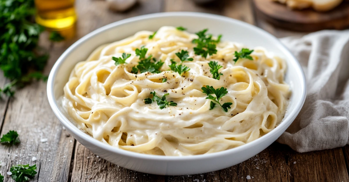 A bowl of creamy keto Alfredo sauce garnished with parsley on a rustic table