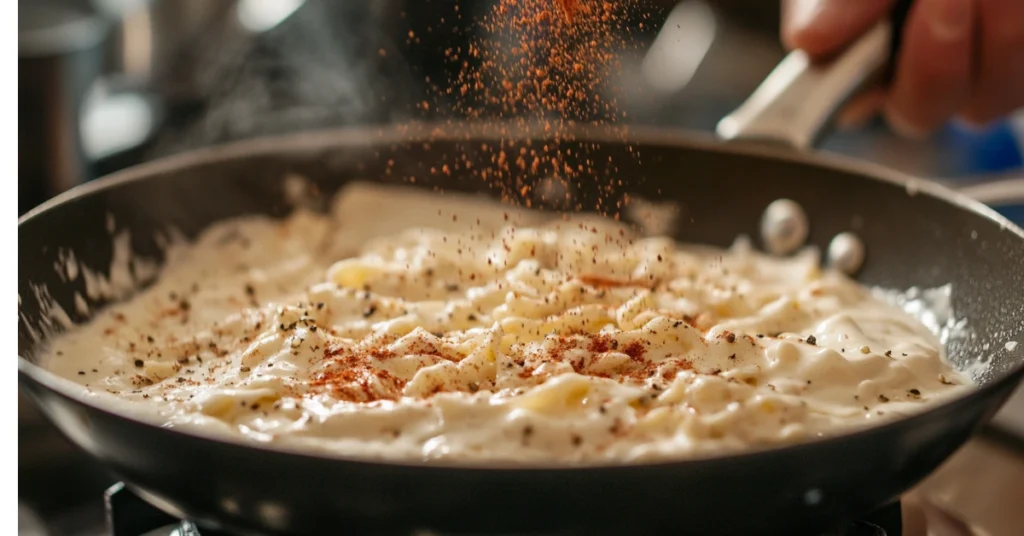 Freshly made creamy keto Alfredo sauce in a pan, sprinkled with paprika and black pepper, steaming hot.