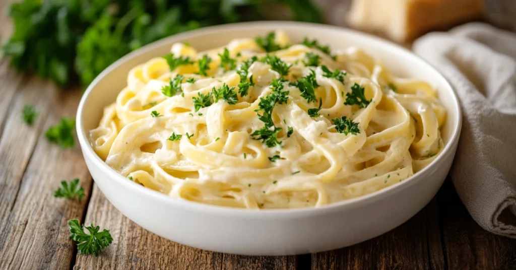 White bowl of fettuccine coated in creamy keto Alfredo sauce, garnished with fresh parsley, placed on a rustic wooden table