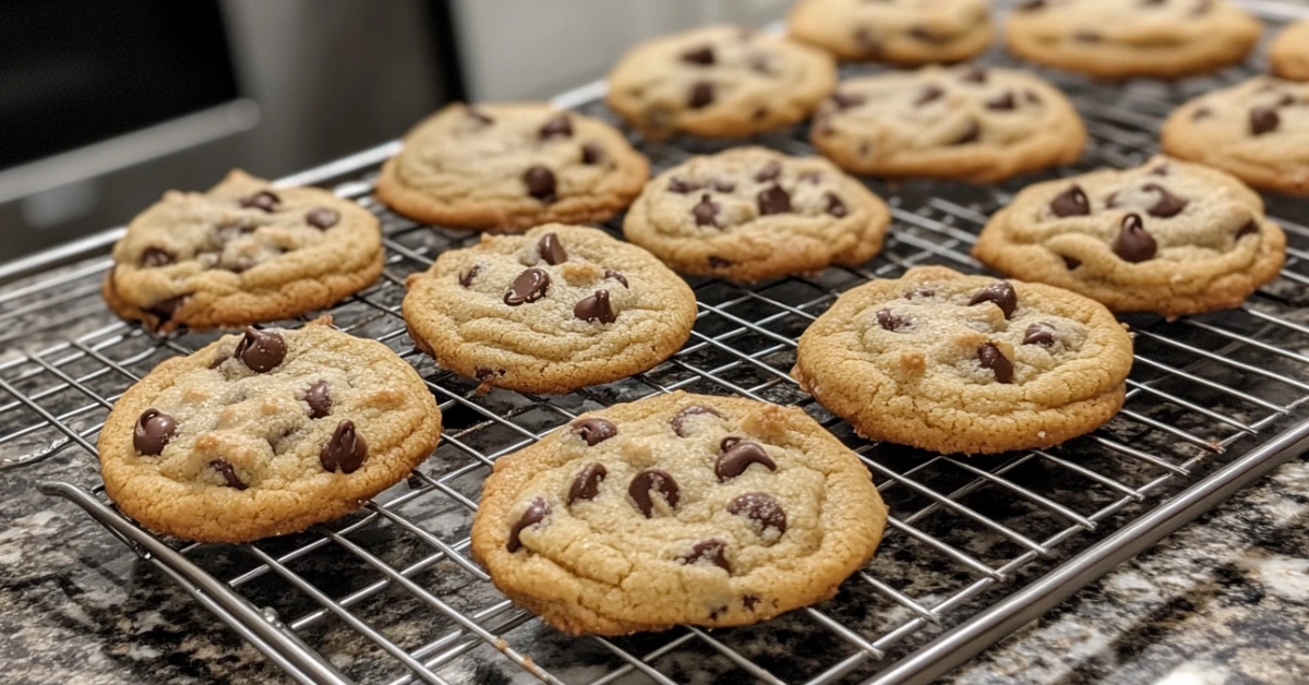 Freshly baked chocolate chip cookies without brown sugar on a cooling rack