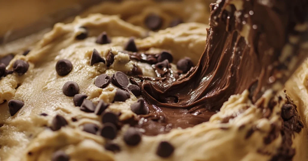 Cookie dough being mixed with chocolate chips in a large glass bowl