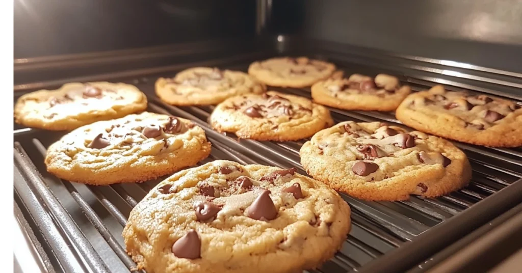 Golden chocolate chip cookies baking in the oven on a parchment-lined tray.