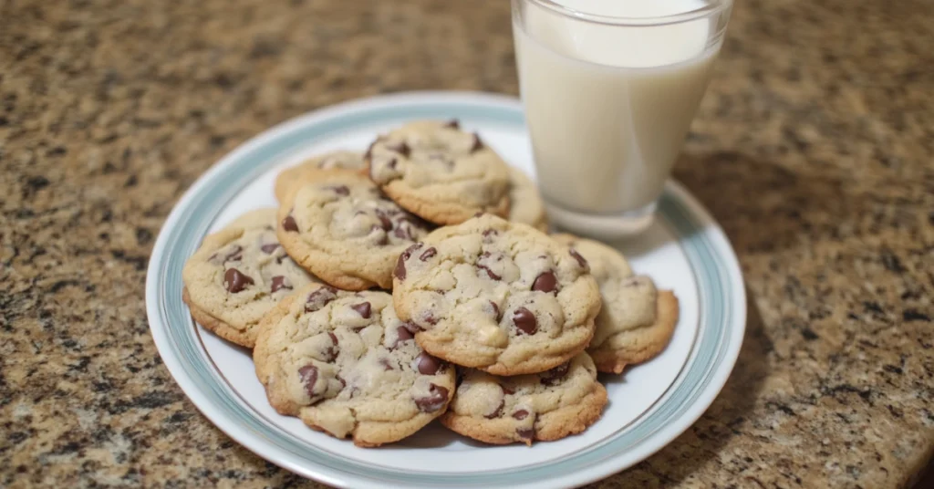 Stack of chocolate chip cookies without brown sugar on a white plate with a glass of milk