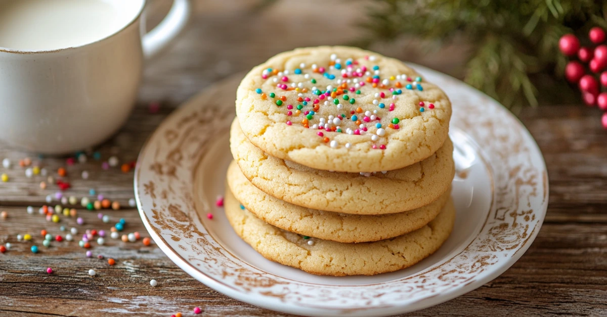 Stack of 3 ingredient sugar cookies on a plate, served with milk