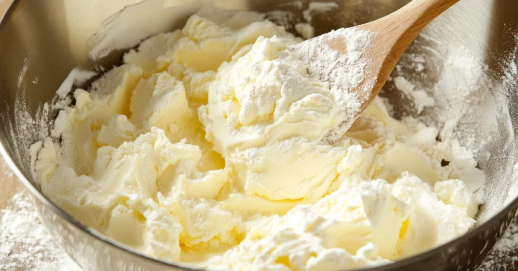 "Mixing sugar cookie dough in a bowl with a spatula for the 3 ingredient sugar cookie recipe.