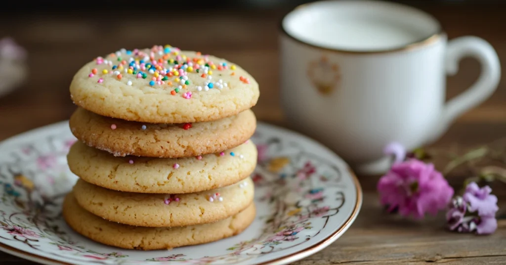 A plate stacked with buttery 3 ingredient sugar cookies, accompanied by a glass of milk