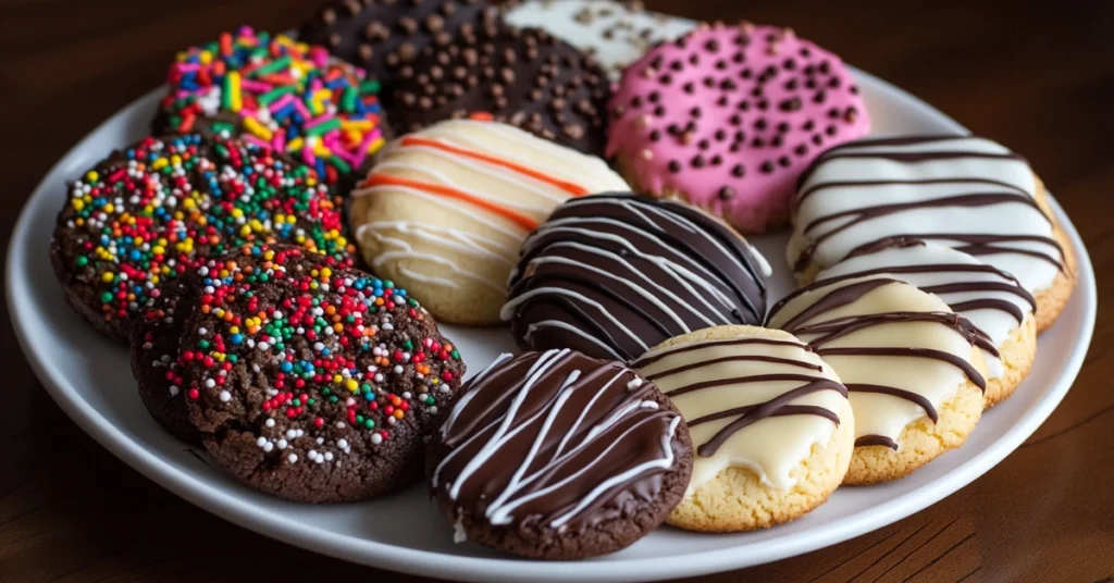 Decorated sugar cookies with icing and sprinkles made from the 3 ingredient sugar cookie recipe.