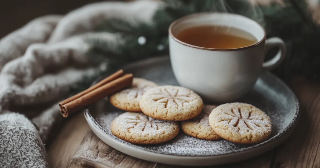 A plate of warm cinnamon sugar cookies alongside a cup of tea for a cozy pairing.