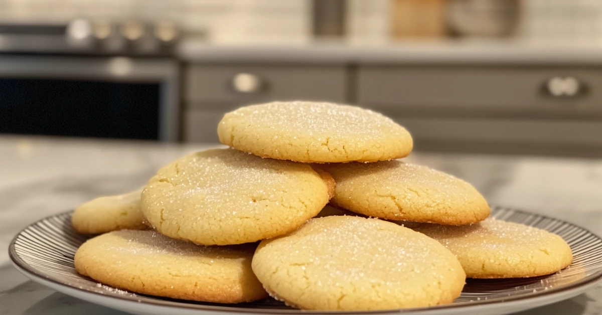 Golden eggless sugar cookies stacked on a plate