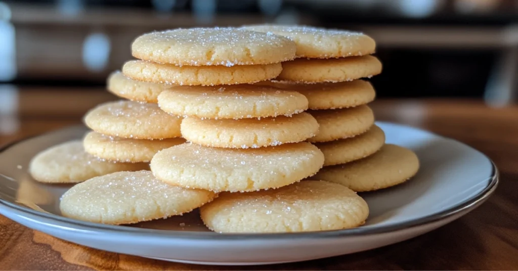 Stack of golden, buttery eggless sugar cookies on a plate