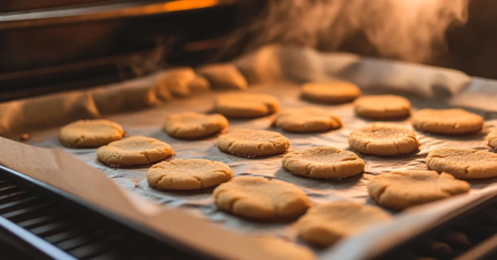 Freshly baked eggless sugar cookies on a baking tray